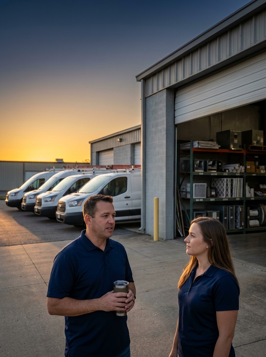 Home services owner in front of his service van fleet