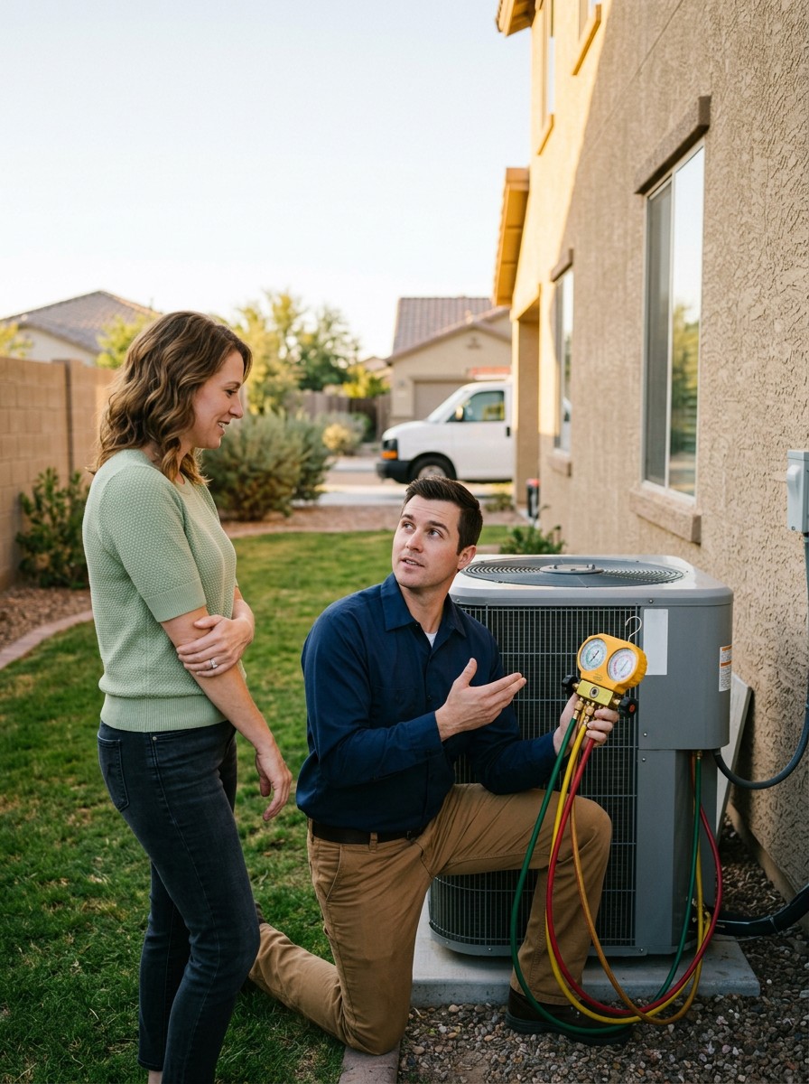HVAC technician explaining a repair to a homeowner