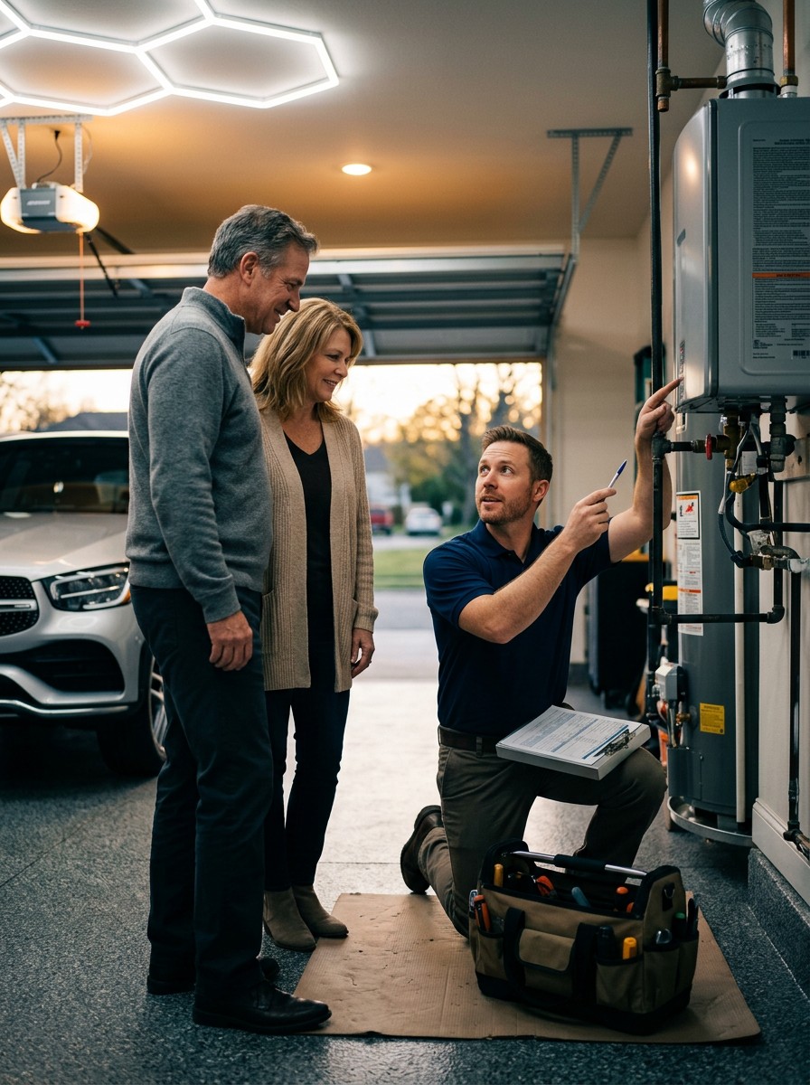 Plumber walking homeowners through a water heater inspection
