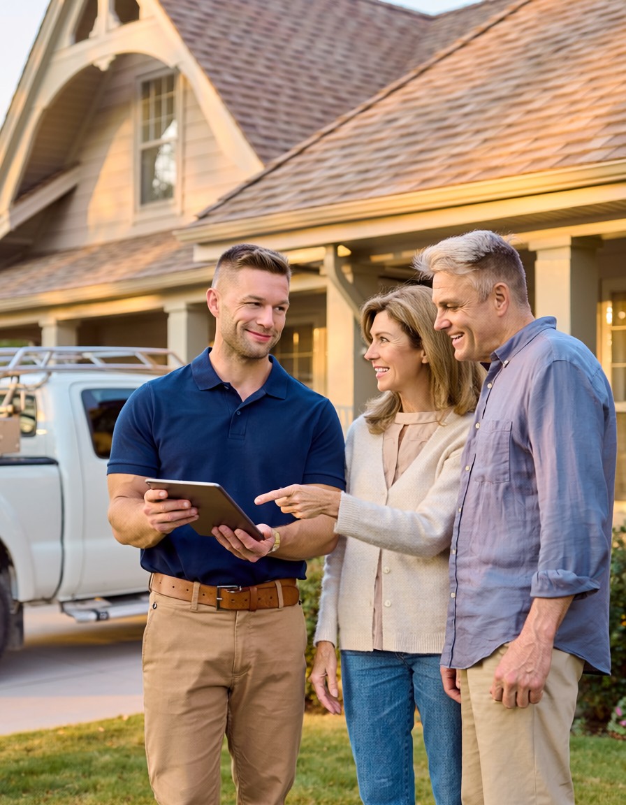 Roofing estimator reviewing a quote with homeowners