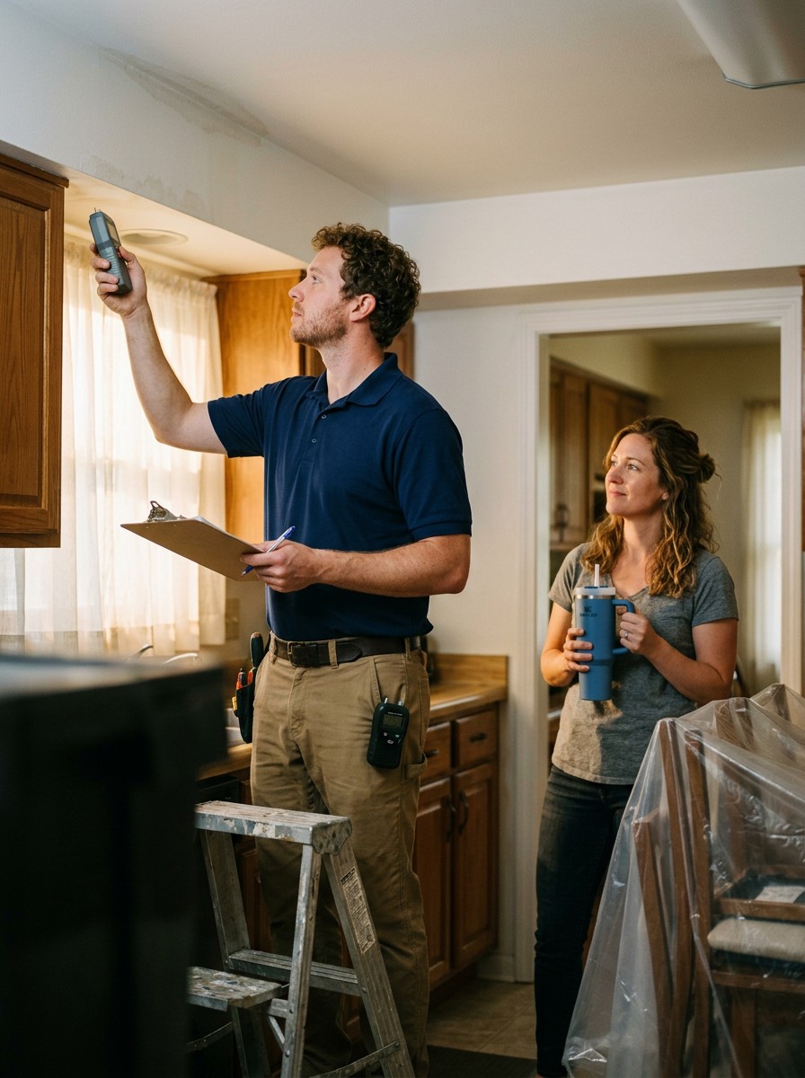 Restoration technician documenting a water damage inspection