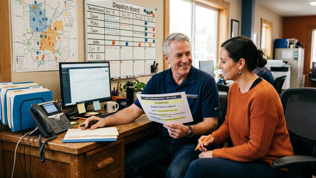 Home services owner and marketing strategist reviewing a one-page performance report showing leads, booked jobs and revenue on a large office monitor