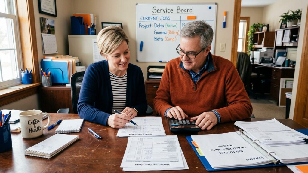 Home services owner and estimator reviewing job price ranges on a desktop monitor in an operations office, preparing for AI calls that generate leads