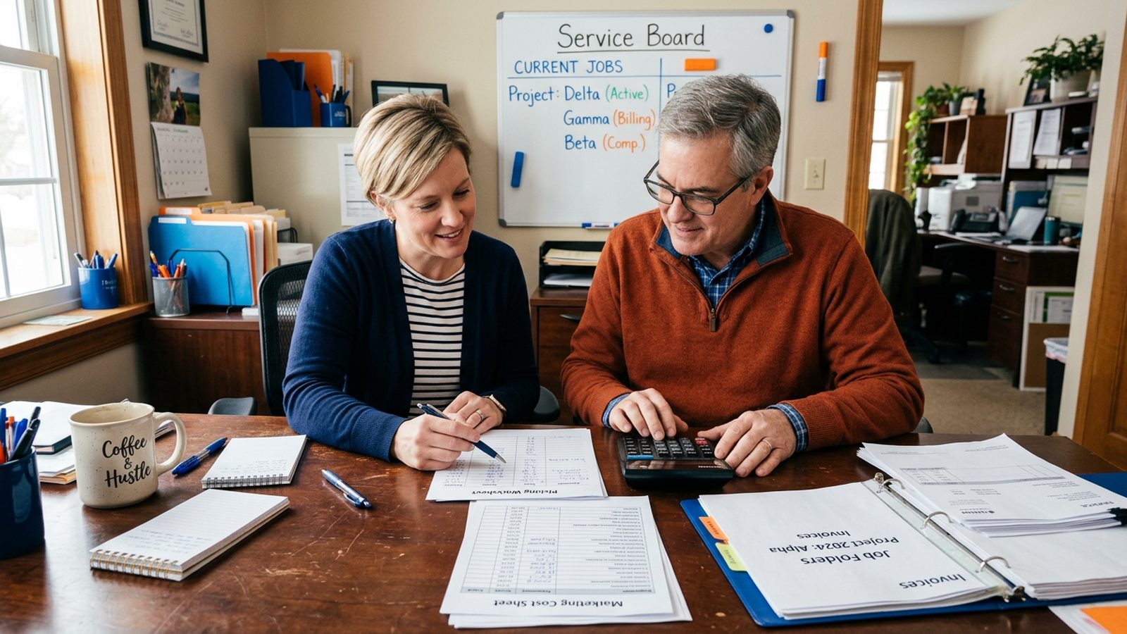 Home services owner and estimator reviewing job price ranges on a desktop monitor in an operations office, preparing for AI calls that generate leads