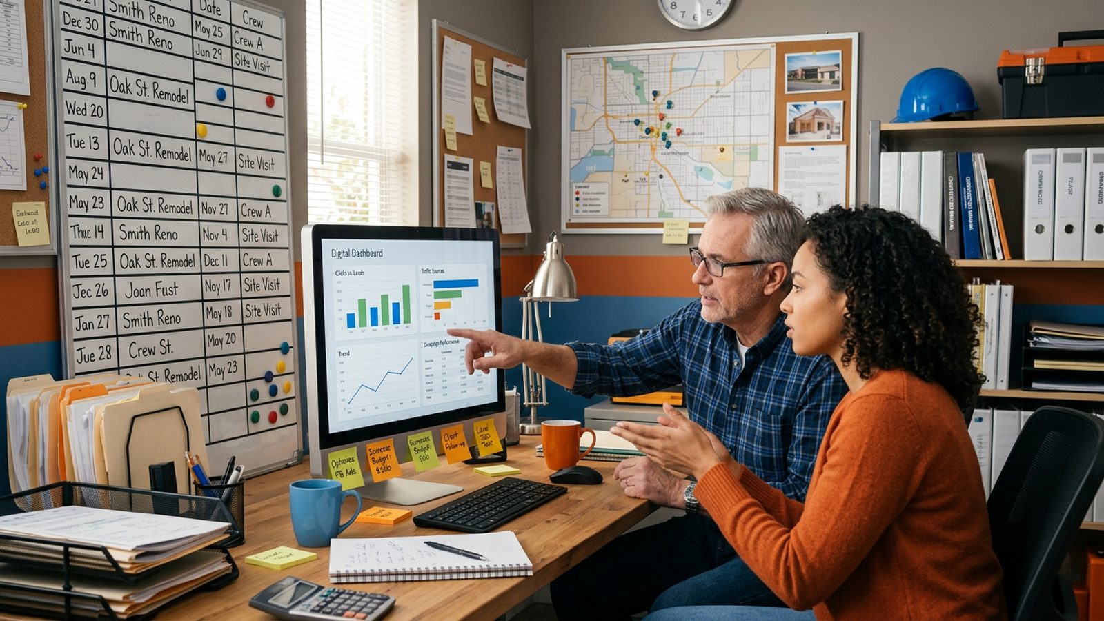 HVAC business owner and paid media strategist reviewing Meta ad conversion signals and lead tracking data on a laptop at a shop office desk in natural light