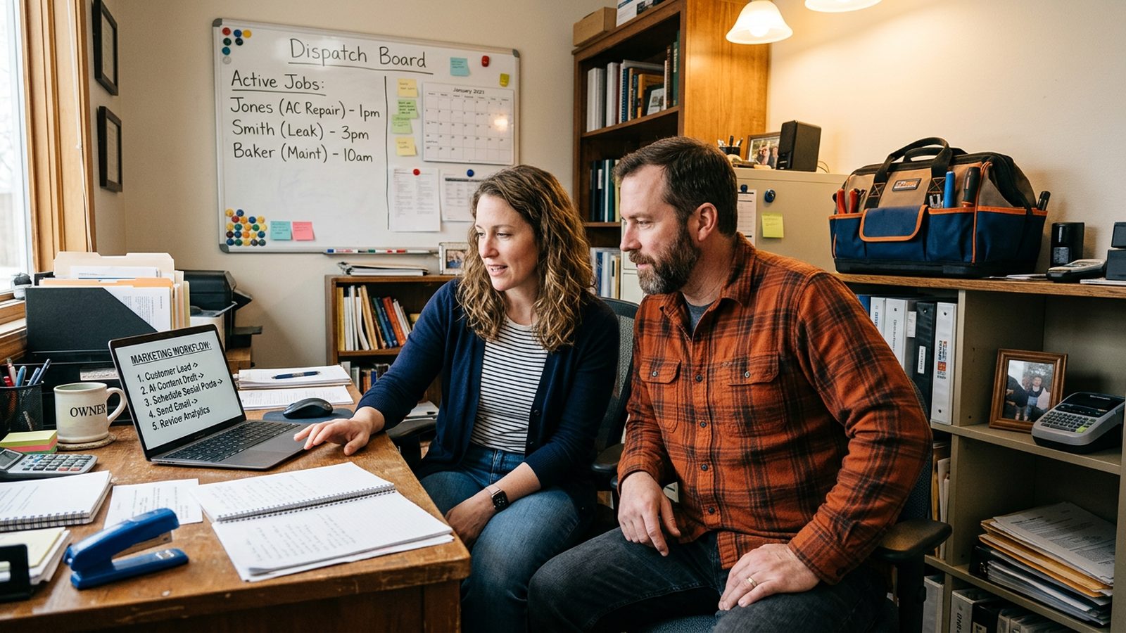 Plumbing company owner reviewing Google search results with an AI overview and local lead data on a laptop at a kitchen table in warm morning light