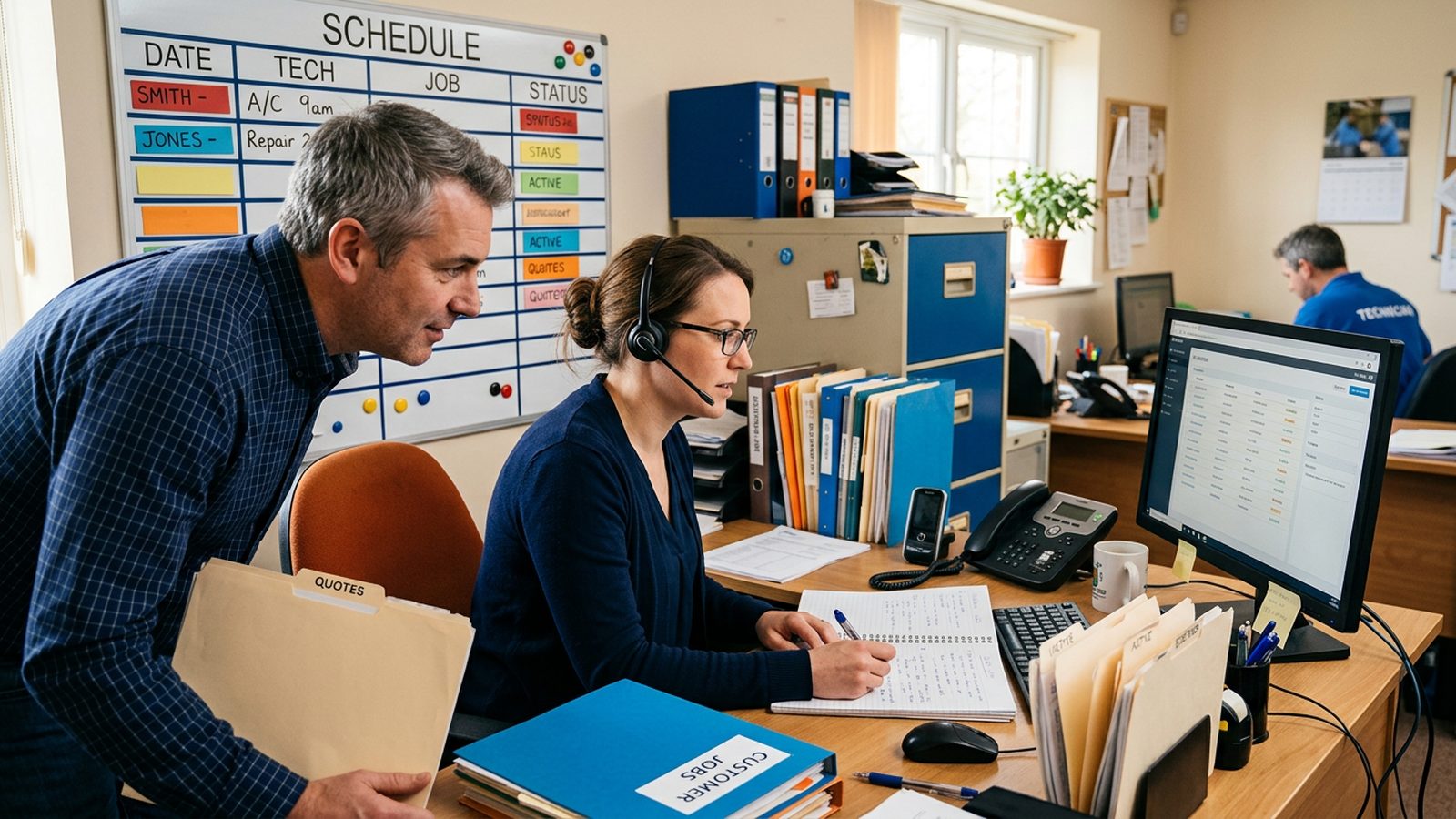 Home services company owner and marketing strategist reviewing customer segments and follow-up plans on a laptop in a sunlit office, generating better leads