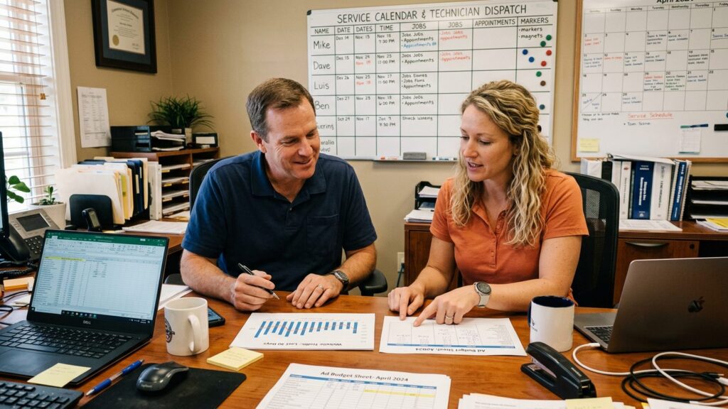 Home services owner and marketing strategist comparing organic search and paid ad lead reports on a laptop in a bright office