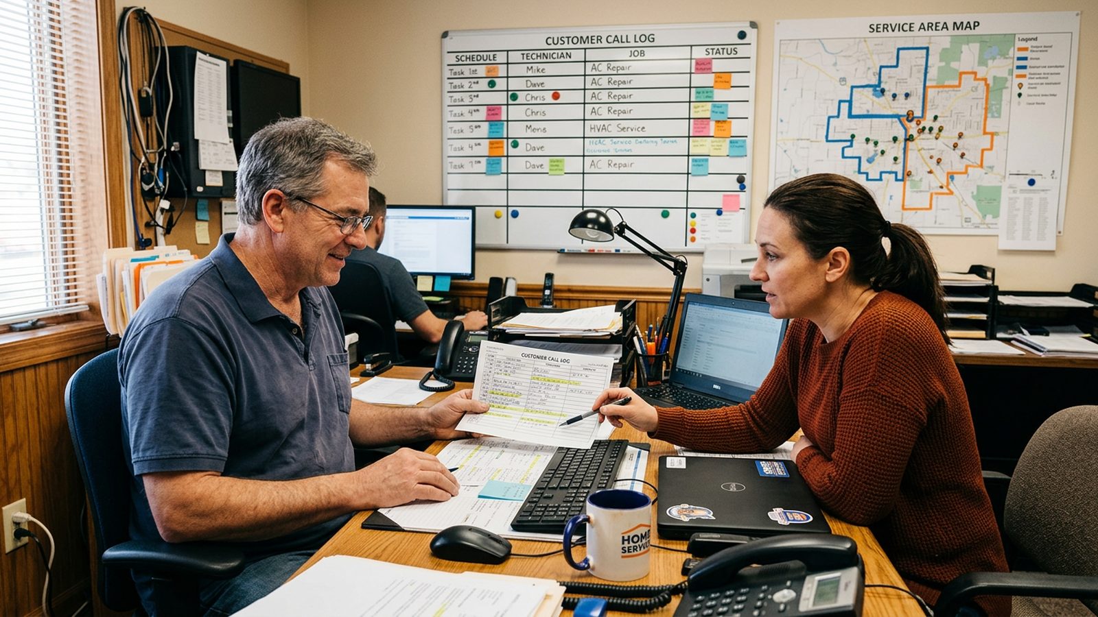 Homeowner at a kitchen table asking an AI assistant on a phone which roofing contractor to call, comparing local service leads