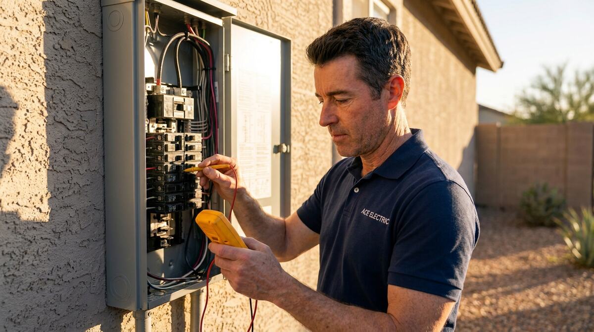 Electrician testing a breaker with a multimeter at an open residential electrical panel
