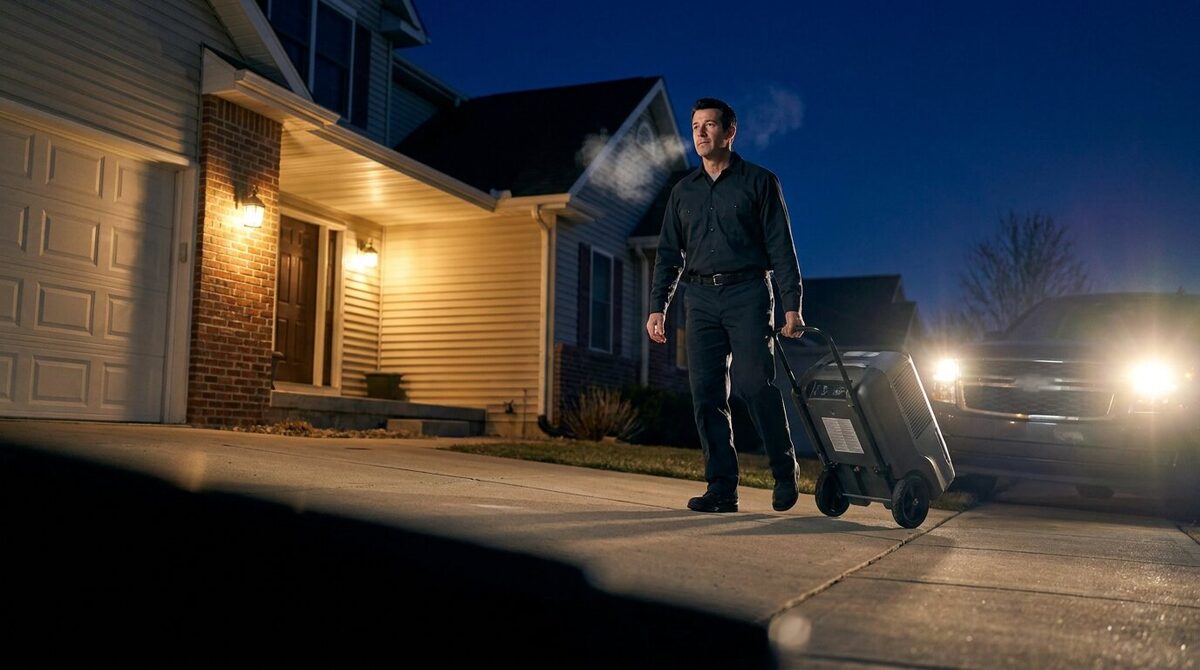 Restoration technician arriving at a home at night with equipment for an emergency water loss