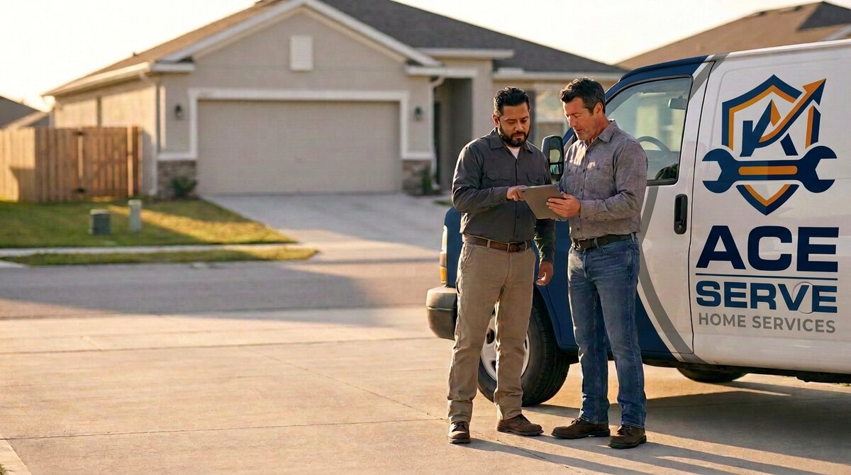 Home services owner and technician reviewing the day's schedule beside a work van