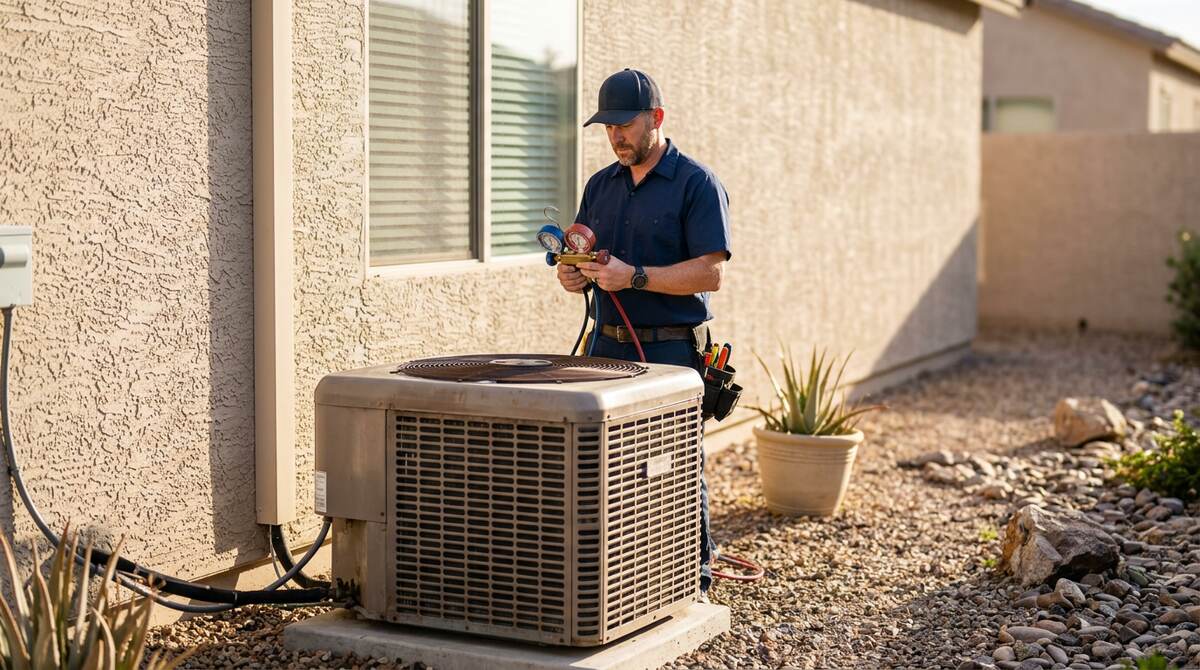 HVAC technician reading manifold gauges at a residential air conditioning condenser