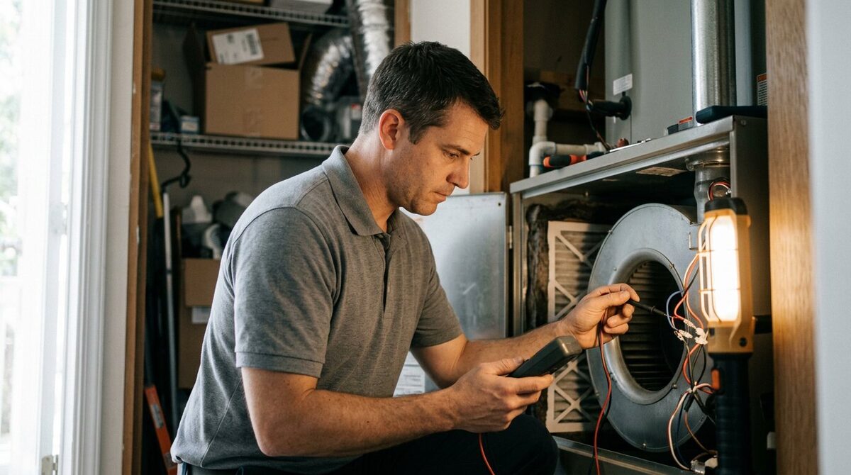 HVAC technician servicing an air handler blower in a residential utility closet