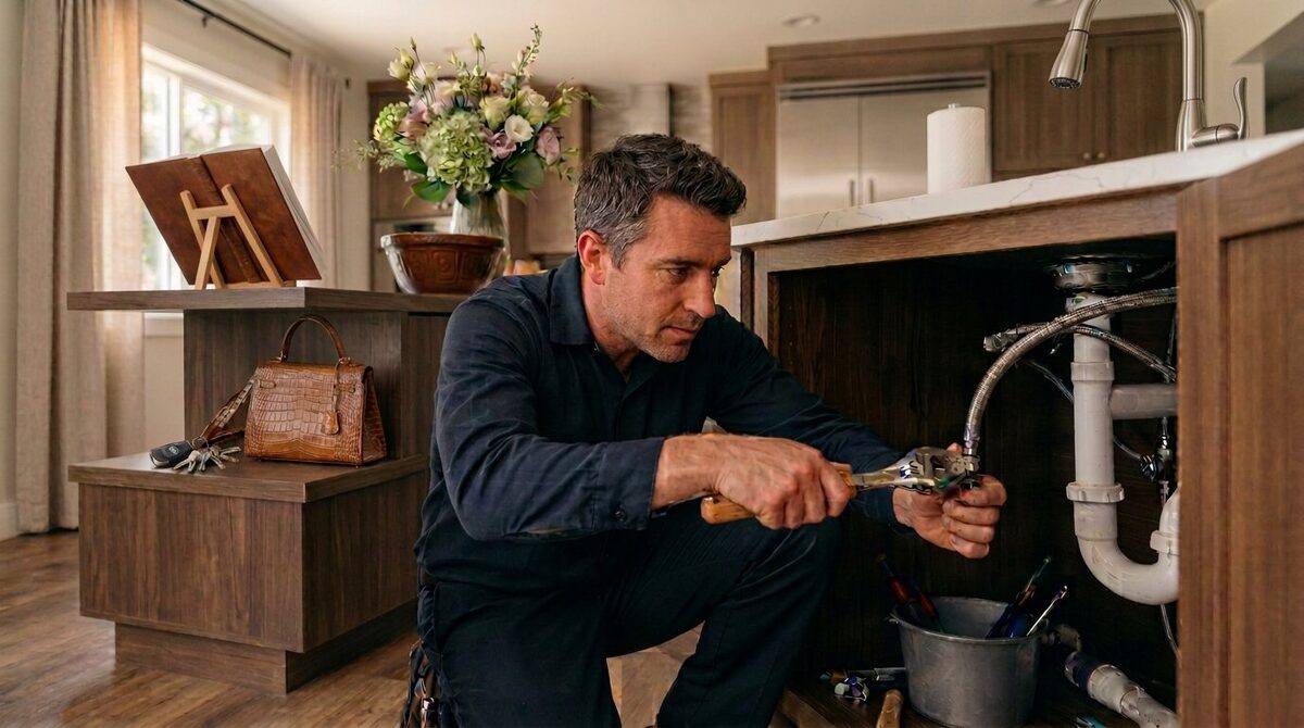 Plumber tightening a shutoff valve under a residential kitchen sink