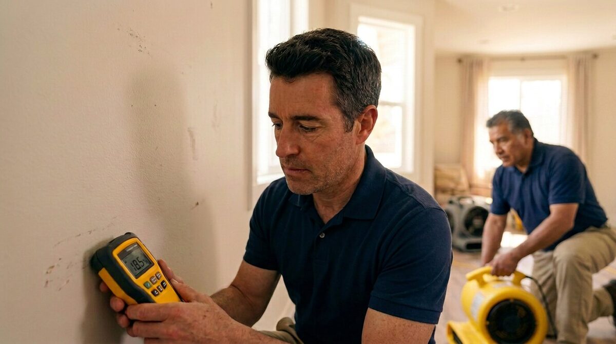 Restoration crew member reading a moisture meter against a residential drywall wall