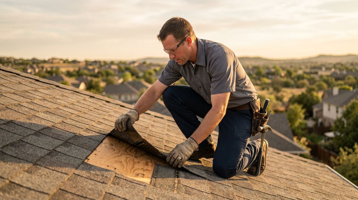 Roofer lifting an asphalt shingle to inspect the roof decking beneath