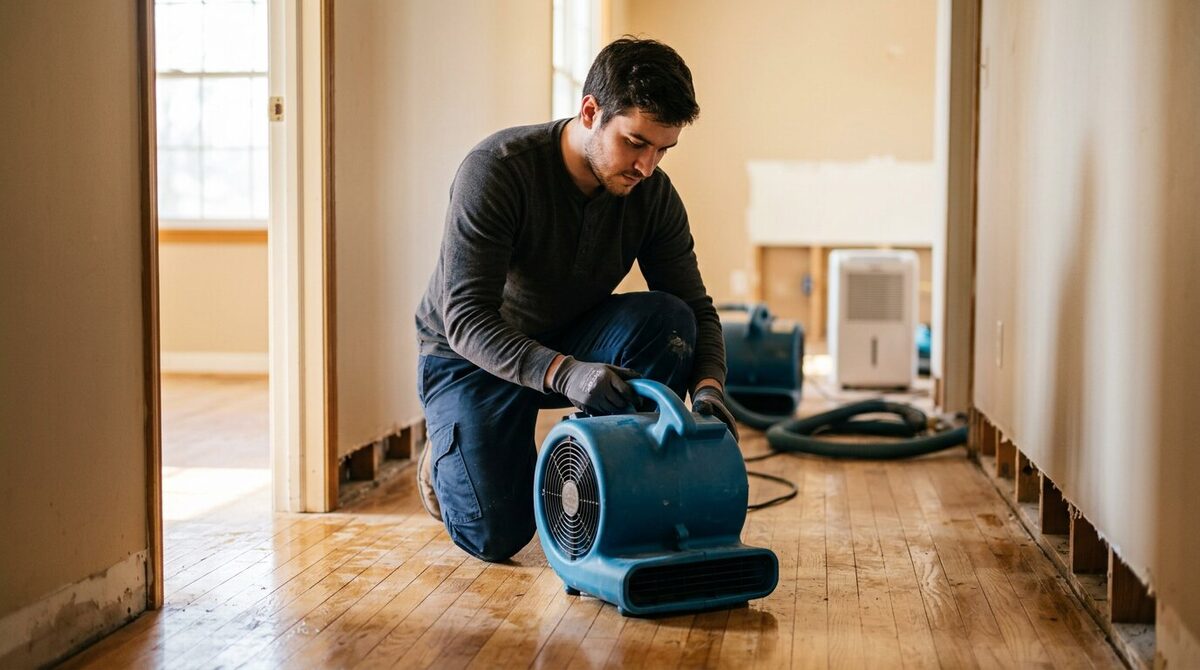 Restoration technician setting an air mover in a residential hallway after water damage