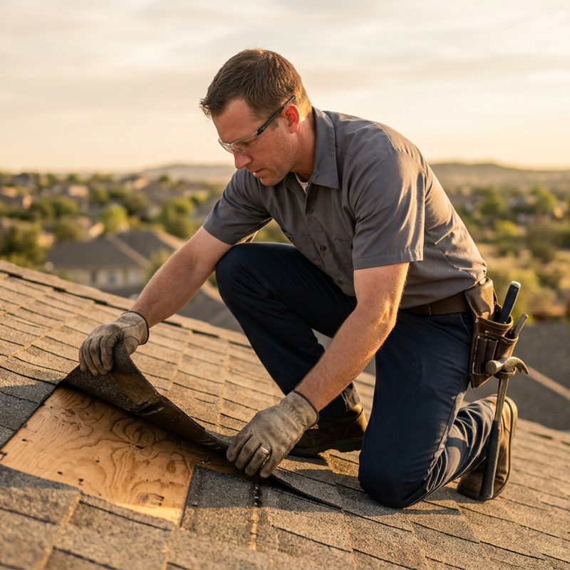 Close-up of a roofer lifting a damaged shingle