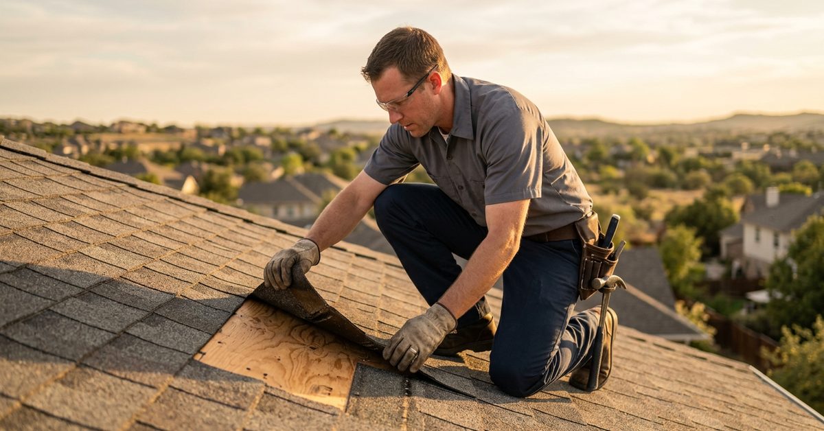 Roofer inspecting shingles on a residential roof at sunset