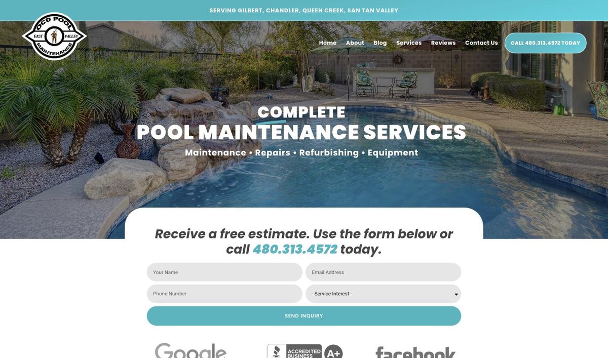 OCD Pools website homepage, built and managed by ajile MEDIA