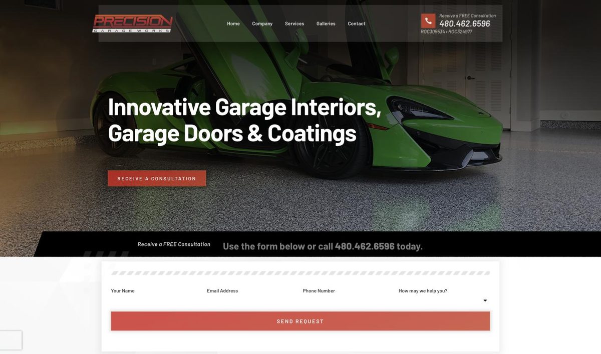 Precision Garage Works website homepage, built and managed by ajile MEDIA