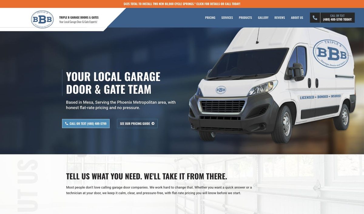 Triple B Garage Doors and Gates website homepage, built and managed by ajile MEDIA
